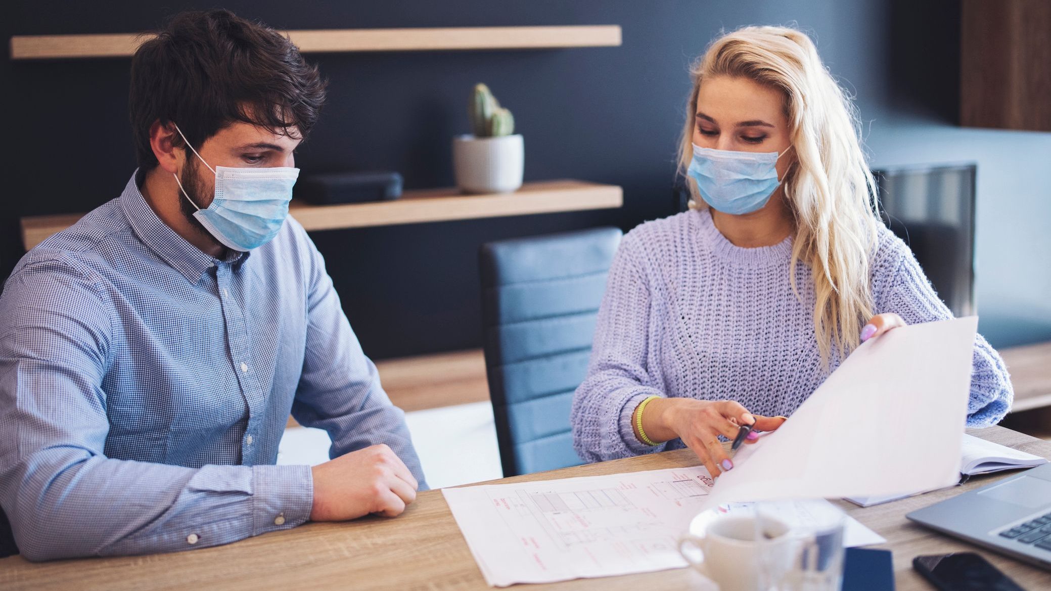 Business People Working With Facial Covering.